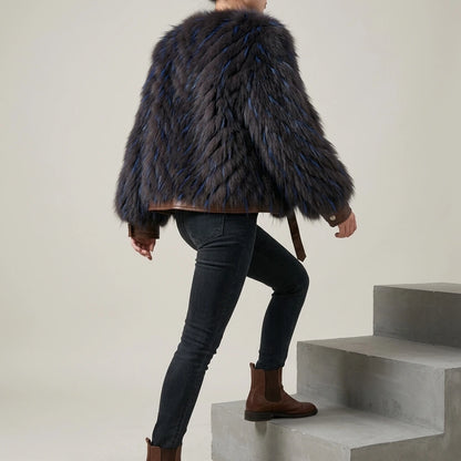 Raccoon fur grass coat, woven with car stripes, women's short jacket, Haining autumn and winter new small fresh and stylish, age reducing — lifestyle