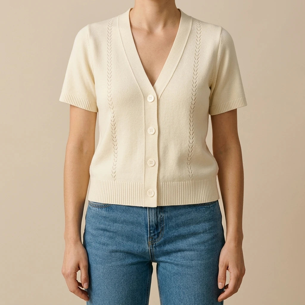 Chic Textured Cardigan Women's Casual Daily Button-Up Top High Stretch Short Sleeve Hip Length Apricot Polyester Spring Summer — lifestyle