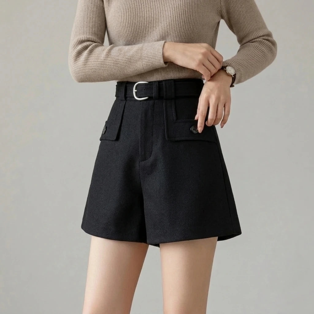 Solid Color Casual Shorts for Women High Waist Woolen — variant_front