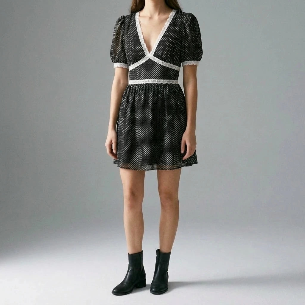 Elegant Floral Skater Mini Dress for Women, V Neck, Puffed Short Sleeves, A-Line, Natural Waist, Daily Summer Wear, Black Polyester — lifestyle_lead