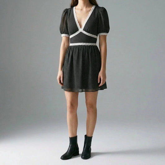Elegant Floral Skater Mini Dress for Women, V Neck, Puffed Short Sleeves, A-Line, Natural Waist, Daily Summer Wear, Black Polyester — lifestyle_lead
