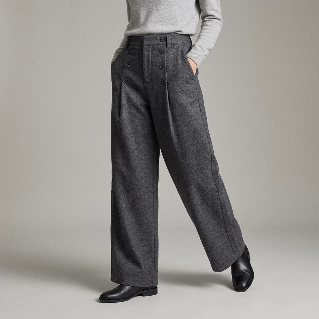 Fluid Trousers with Vertical Button Design, Loose Wide-Leg Tailored Fit, Pleated Straight Leg Pants — lifestyle_lead