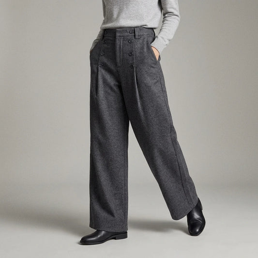 Fluid Trousers with Vertical Button Design, Loose Wide-Leg Tailored Fit, Pleated Straight Leg Pants — lifestyle_lead
