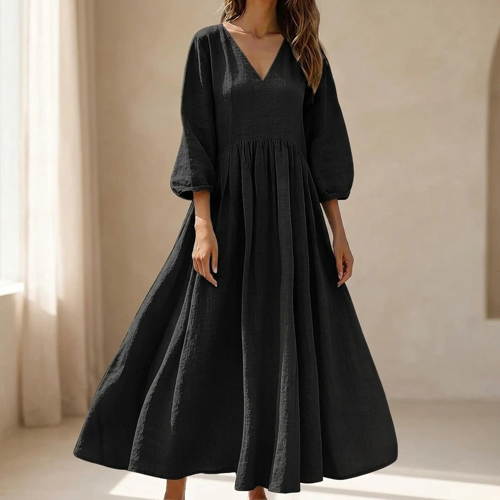 Black V-Neck Long Pleated Dress, Cotton Linen Loose Fit, Three-Quarter Sleeve, Casual Spring — lifestyle_lead