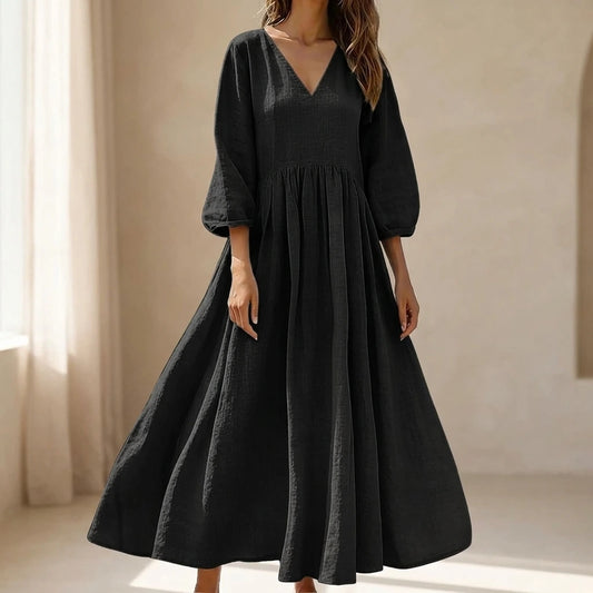 Black V-Neck Long Pleated Dress, Cotton Linen Loose Fit, Three-Quarter Sleeve, Casual Spring — lifestyle_lead