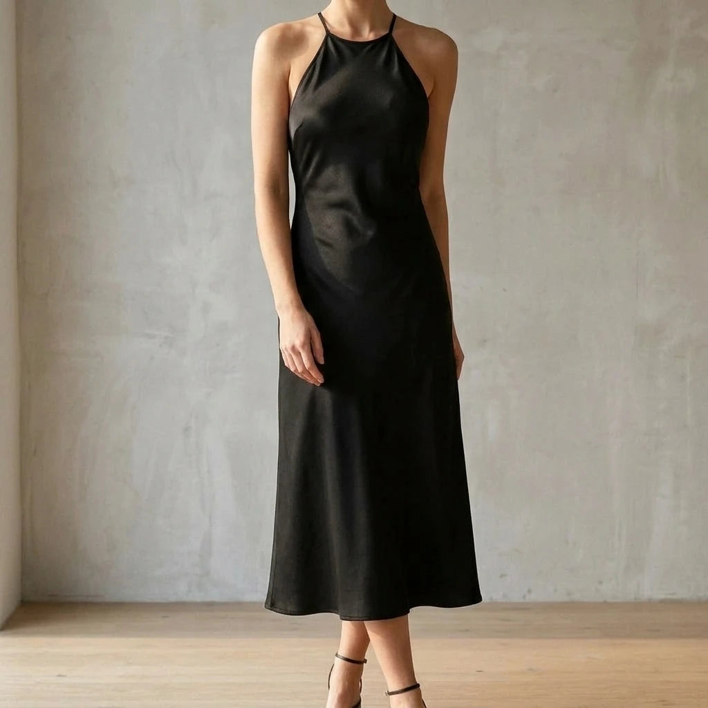 Chic Black Slip Halter Midi Dress for Women, A-Line, Sleeveless, Natural Waist, Prom, Special Occasion, Summer Spring, Slight Stretch, Polyester — lifestyle