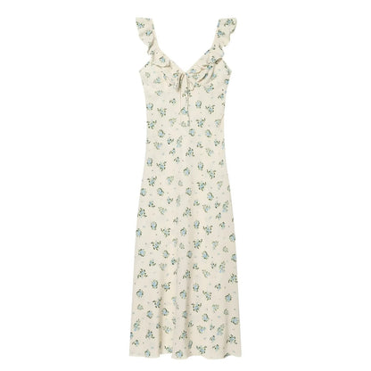 Holiday style floral ruffle edge sleeveless dress — variant_front