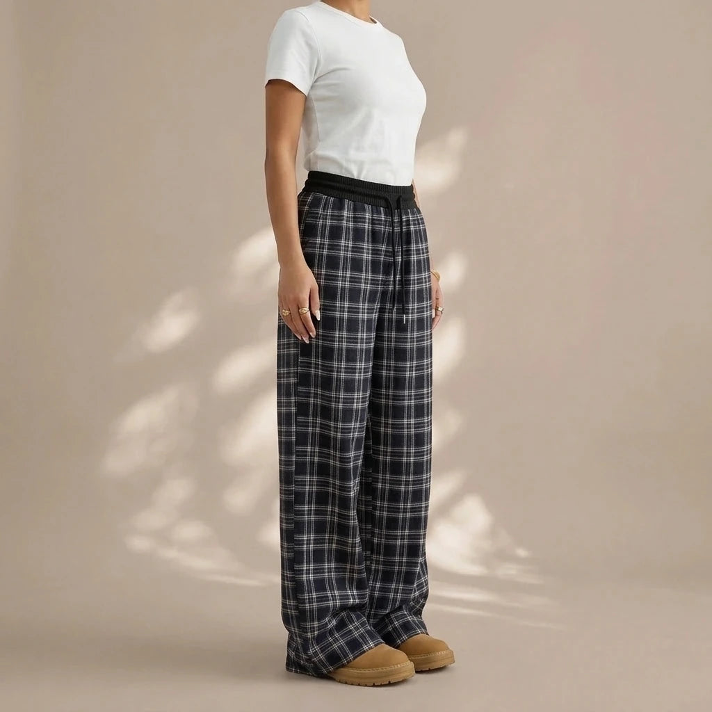 Loose Lazy Style Straight Leg Plaid Patchwork High Waist Drape Casual Sweatpants — variant_front
