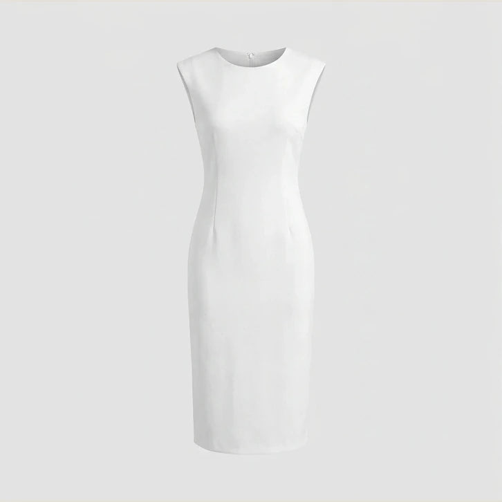 White Slim Fit Midi Dress, Sleeveless Round Neck, Solid Polyester, Effortless Summer Style — product_only_front