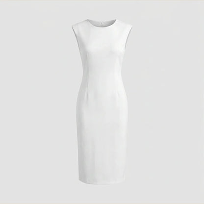 White Slim Fit Midi Dress, Sleeveless Round Neck, Solid Polyester, Effortless Summer Style — product_only_front