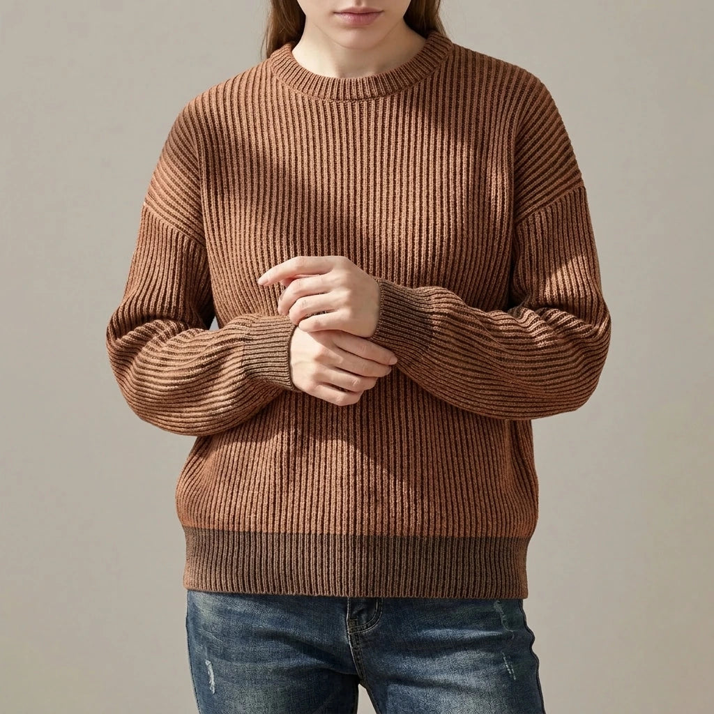 Simple Solid Color Distressed Chunky Knit Crewneck Loose Pullover Sweater — variant_front