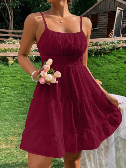Swiss Dot Print Strap Dress for Women Summer Mini Umbrella Skirt, High Waist Polyester Camisole, Elegant Casual Clothing