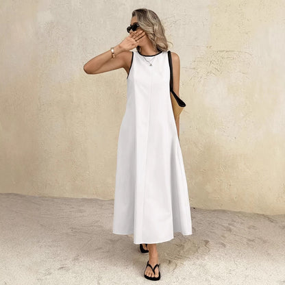 White Summer Vest Long Dress, Solid Color A-Line Maxi, Sleeveless High Waist, Elegant Japanese Style, Polyester