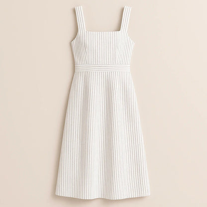 White Striped Slip Midi Dress Women's Square Neck Sleeveless 100% Cotton Workwear Brunch Casual Summer White No Stretch — gallery_05.webp