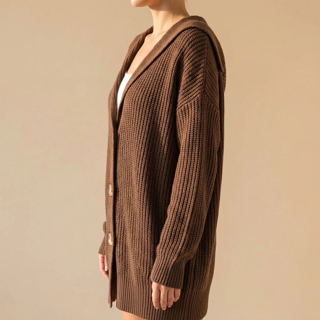 Brown Chunky Knit Lapel Collar Button up Cardigan — lifestyle