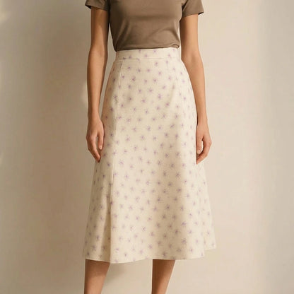 Elegant A-Line Midi Skirt for Women, High Waist, Floral Print, Slit Detail, Daily or Office Wear, Spring Summer, Beige Polyester — lifestyle
