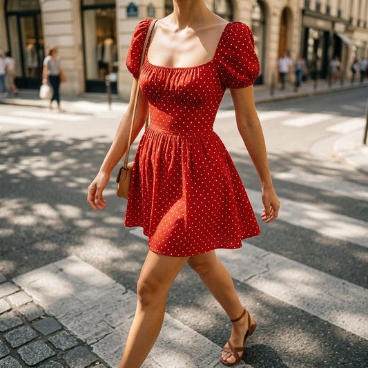 Cute Red Polka Dot Ruched Mini Dress for Women, Skater A-Line, Puffed Short Sleeve, Casual Daily Summer, Square Neck, Natural Waist, Polyester — lifestyle_lead