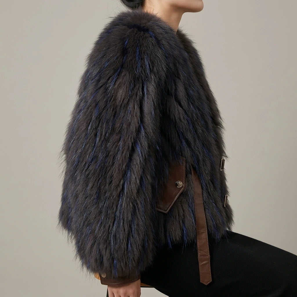 Raccoon fur grass coat, woven with car stripes, women's short jacket, Haining autumn and winter new small fresh and stylish, age reducing — lifestyle