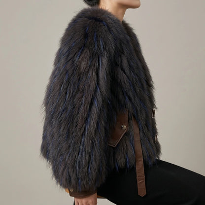 Raccoon fur grass coat, woven with car stripes, women's short jacket, Haining autumn and winter new small fresh and stylish, age reducing — lifestyle