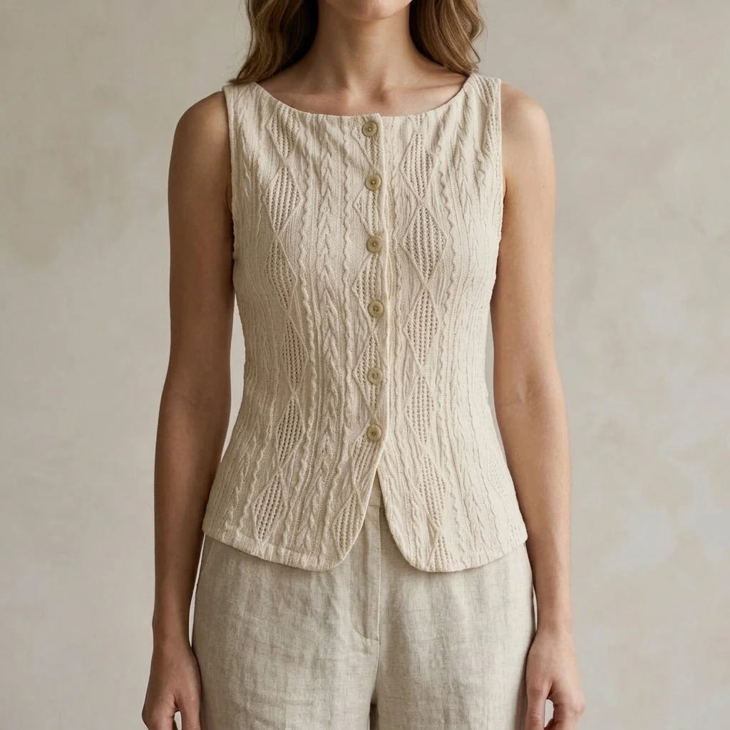 Elegant Jacquard Boat Neck Tank Top Women’s Sleeveless Workwear Daily Office Basic Geometric Button Detail Hip Length Medium Stretch Polyester Beige Summer — lifestyle