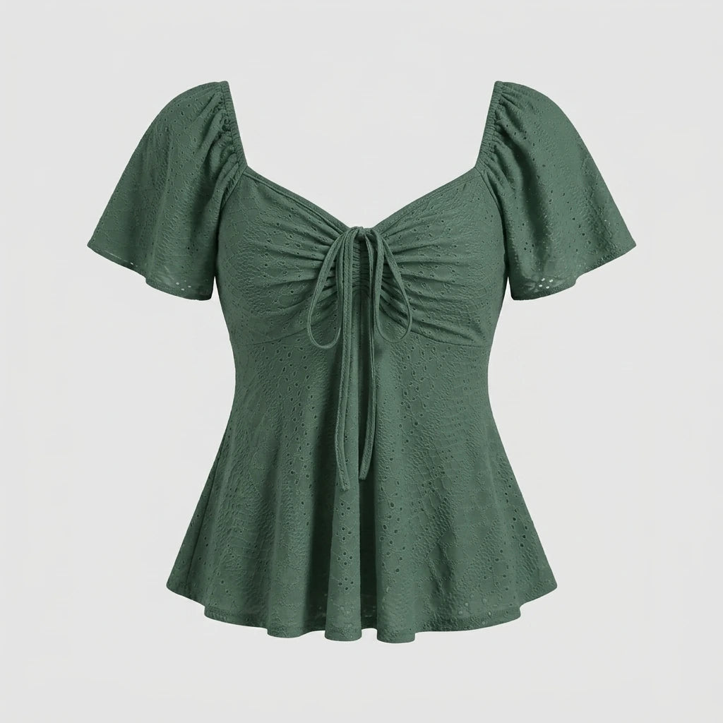 2026 Women Y2k Summer Tops V-Neck Drawstring Sexy Lace Up Short Sleeve Solid Color Shirts Female Elegant Casual Fashion Blouses — variant_front