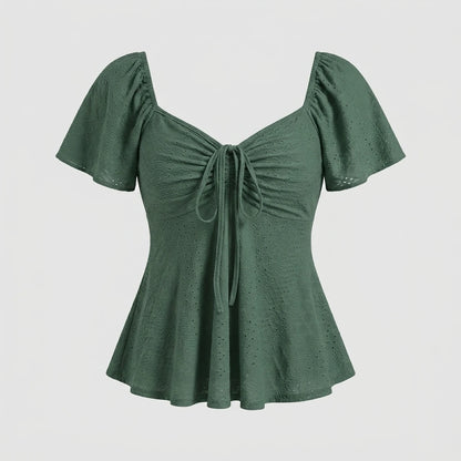 2026 Women Y2k Summer Tops V-Neck Drawstring Sexy Lace Up Short Sleeve Solid Color Shirts Female Elegant Casual Fashion Blouses — variant_front