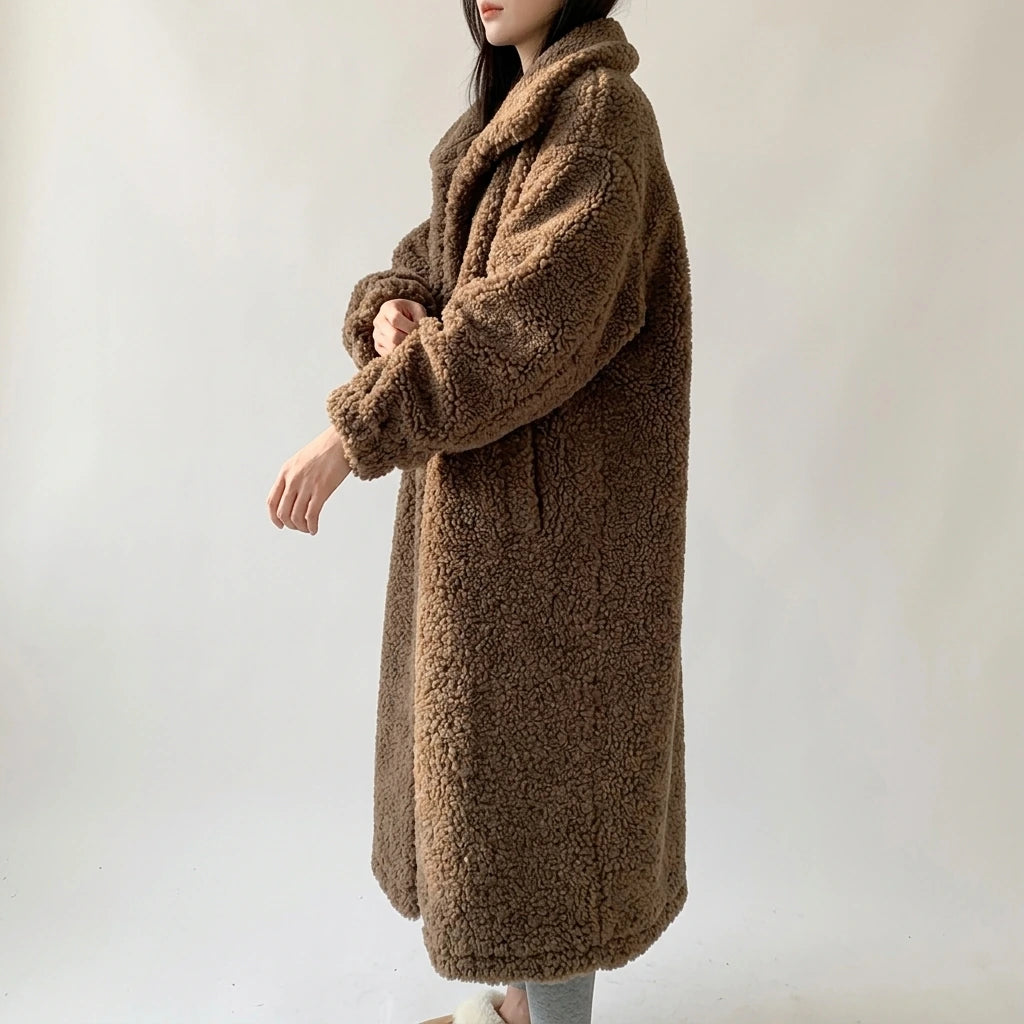 Maillard Little Teddy sheep wool stand collar coat long sheep shearling lamb fur coat thick loose — lifestyle