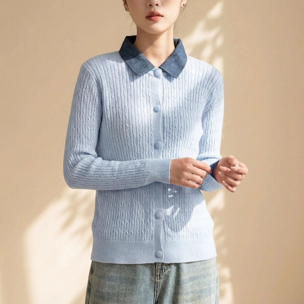 Chunky Knit Color-block Polo Neck Sweater for WomenLoose Fit Slimming Design Autumn/Winter Outwear — variant_front