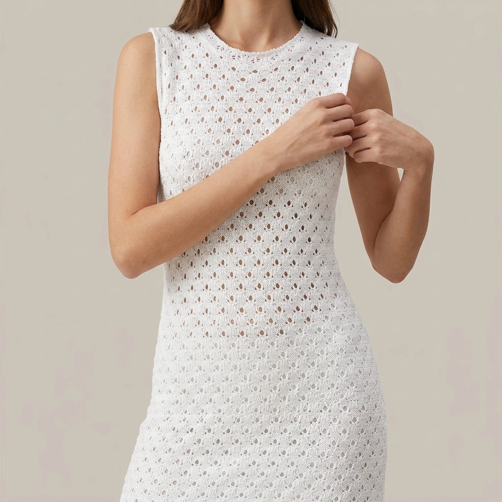 Sleeveless round neck hollow knitted mini dress — lifestyle