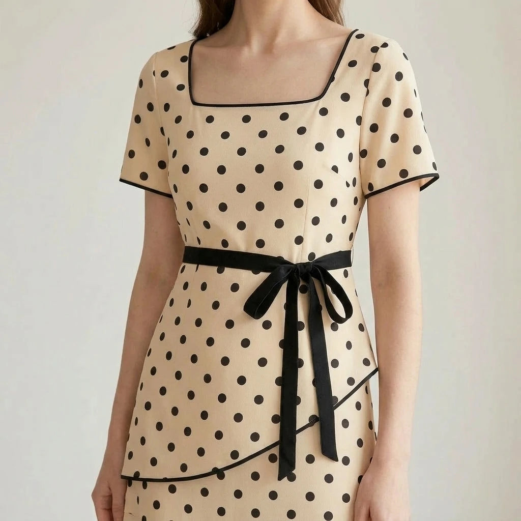 Casual A-Line Two Piece Skirt Set for Women, Polka Dot, Elastic Waist, Daily Wear, Short Sleeve, Spring Summer, Apricot, Polyester — lifestyle
