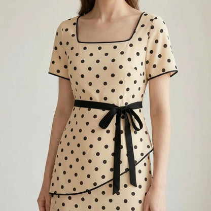 Casual A-Line Two Piece Skirt Set for Women, Polka Dot, Elastic Waist, Daily Wear, Short Sleeve, Spring Summer, Apricot, Polyester — lifestyle
