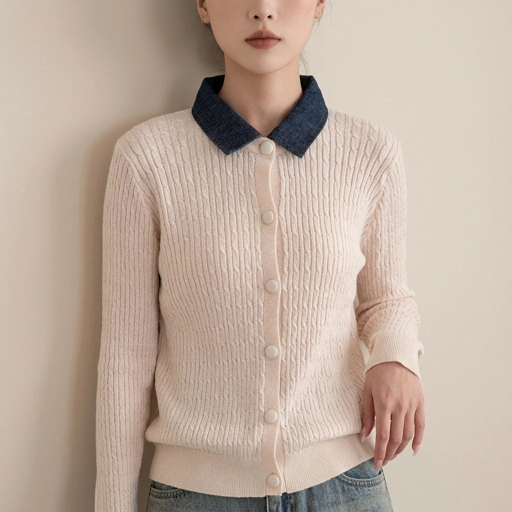 Chunky Knit Color-block Polo Neck Sweater for WomenLoose Fit Slimming Design Autumn/Winter Outwear — lifestyle