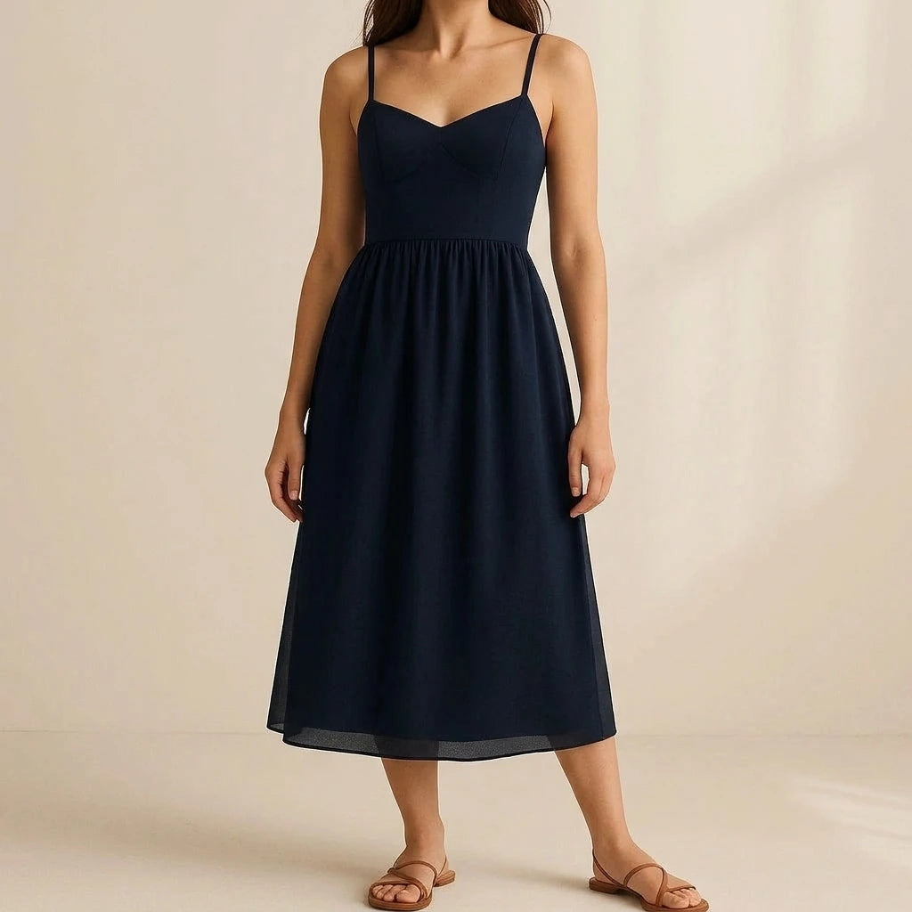 Elegant Flowy Maxi Dress for Women Shirred High Waist Sleeveless Slip Mesh A-Line Summer Occasion Daily Wear Blue Polyester — lifestyle