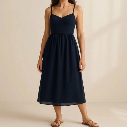 Elegant Flowy Maxi Dress for Women Shirred High Waist Sleeveless Slip Mesh A-Line Summer Occasion Daily Wear Blue Polyester — lifestyle