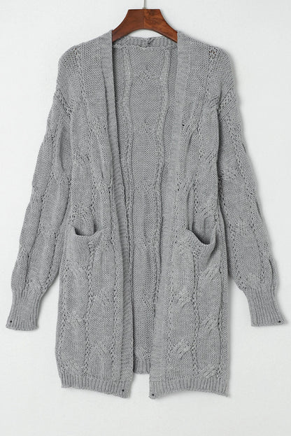 Ribbed Trim Eyelet Cable Knit Cardigan — variant_front