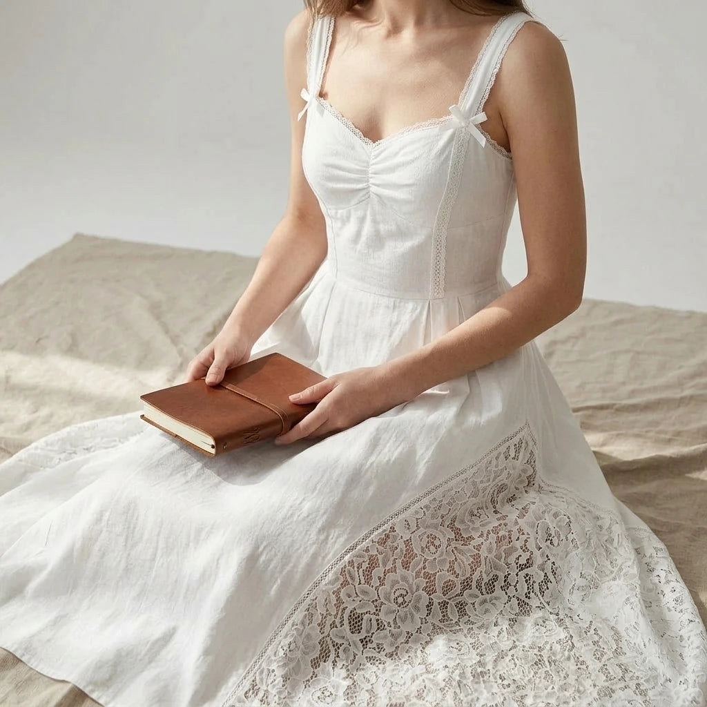 Shirred Sheath Midi Dress for Women Beach Vacation Wear Sleeveless Lace Splicing Textured Cotton White Summer Spring — lifestyle