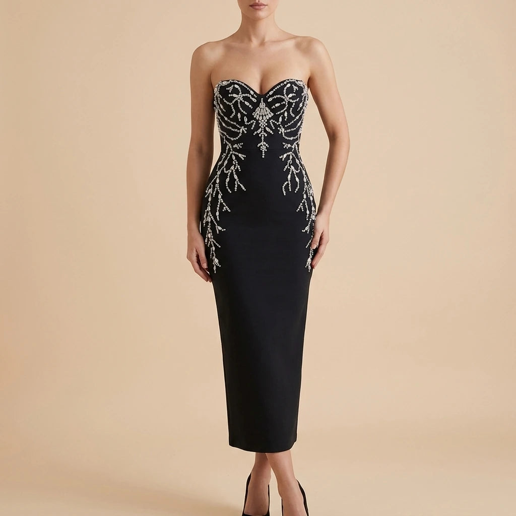Strapless Dress Bandage Midi Length Banquet Party Evening Gown — lifestyle