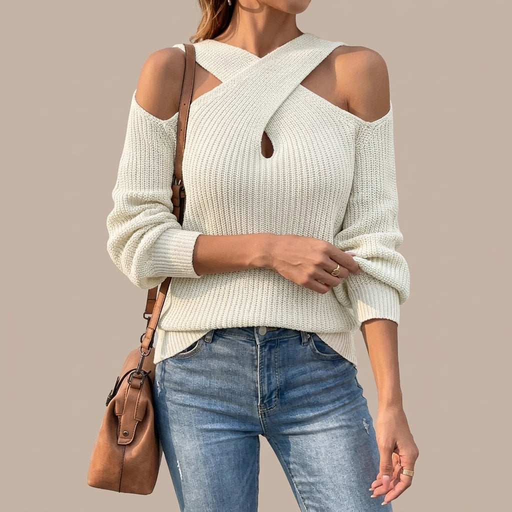 Hairy Rain Cross Neck Lantern Sleeve Knit Shirt Autumn and Winter New Type Solid Color Shoulderless Sweater — lifestyle