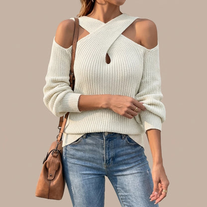 Hairy Rain Cross Neck Lantern Sleeve Knit Shirt Autumn and Winter New Type Solid Color Shoulderless Sweater — lifestyle
