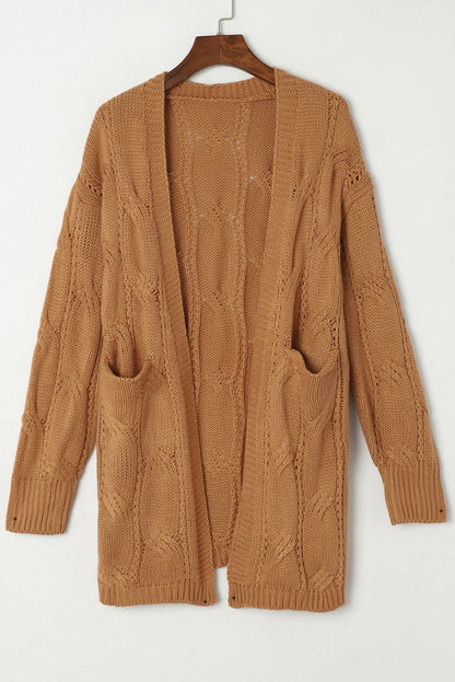 Ribbed Trim Eyelet Cable Knit Cardigan — variant_front