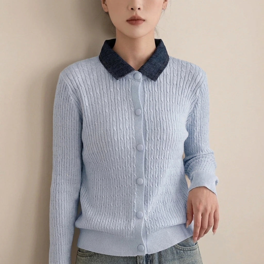 Chunky Knit Color-block Polo Neck Sweater for WomenLoose Fit Slimming Design Autumn/Winter Outwear — variant_front