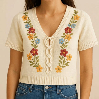 Casual Floral Embroidery Sweater Top Women’s V Neck Short Sleeve Daily Wear Hip Length Medium Stretch Apricot Polyester Spandex Spring Summer — lifestyle