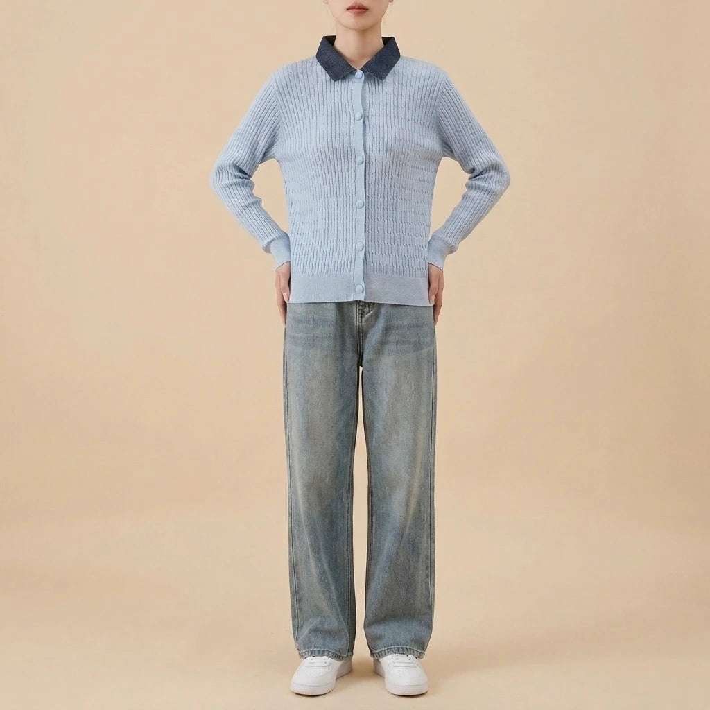Chunky Knit Color-block Polo Neck Sweater for WomenLoose Fit Slimming Design Autumn/Winter Outwear — variant_front