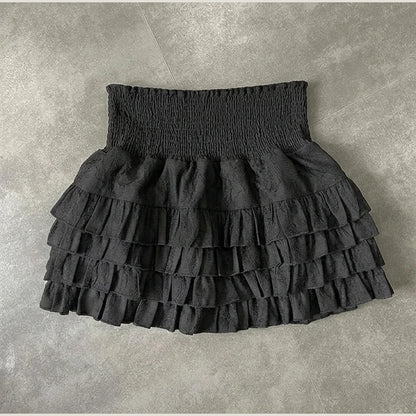 Streetwear Ruffles Mini Skirts Women Sweet Kawaii High Waist Lace A Line Skirt Summer Korean Fashion Black Ball Gown Skirts — variant_front