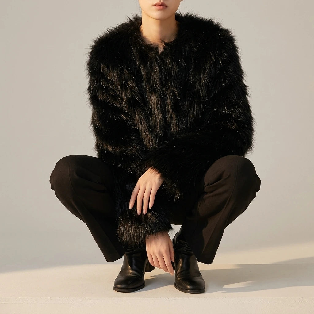 Street faux fur coat for winter — lifestyle