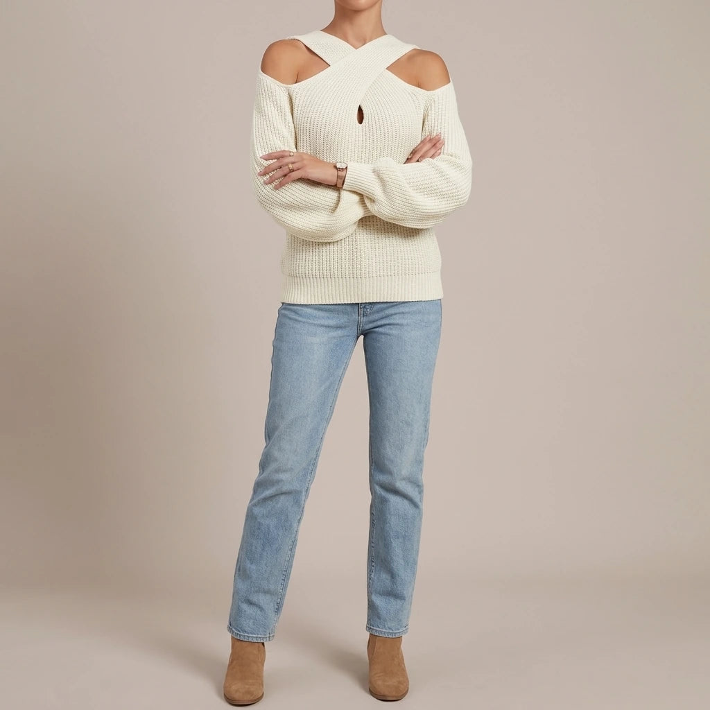 Hairy Rain Cross Neck Lantern Sleeve Knit Shirt Autumn and Winter New Type Solid Color Shoulderless Sweater — lifestyle