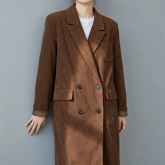 Corduroy blazer women's mid-length over-the-knee spring and autumn British style high-end woolen coat — lifestyle