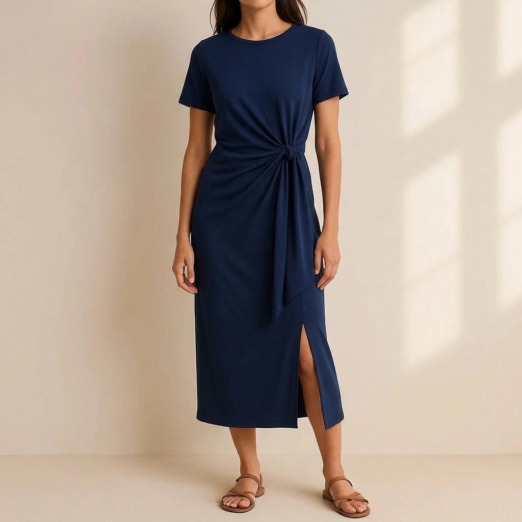 Elegant Blue Ruched Sheath Maxi Dress for Women, Short Sleeve, Knit, Casual Daily Wear, Natural Waisted, Summer, Polyester — lifestyle