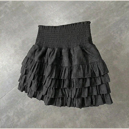Streetwear Ruffles Mini Skirts Women Sweet Kawaii High Waist Lace A Line Skirt Summer Korean Fashion Black Ball Gown Skirts — product_only_back