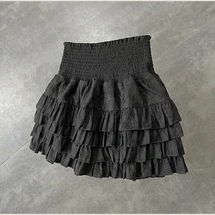 Streetwear Ruffles Mini Skirts Women Sweet Kawaii High Waist Lace A Line Skirt Summer Korean Fashion Black Ball Gown Skirts — product_only_back